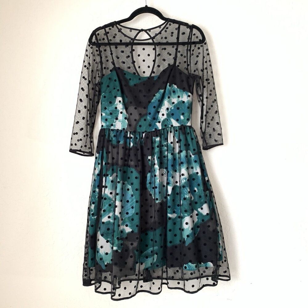 Eliza J Dress Womens 6 Black Polka Dot Mesh 3/4 Sleeve Fit Flare Abstract Floral